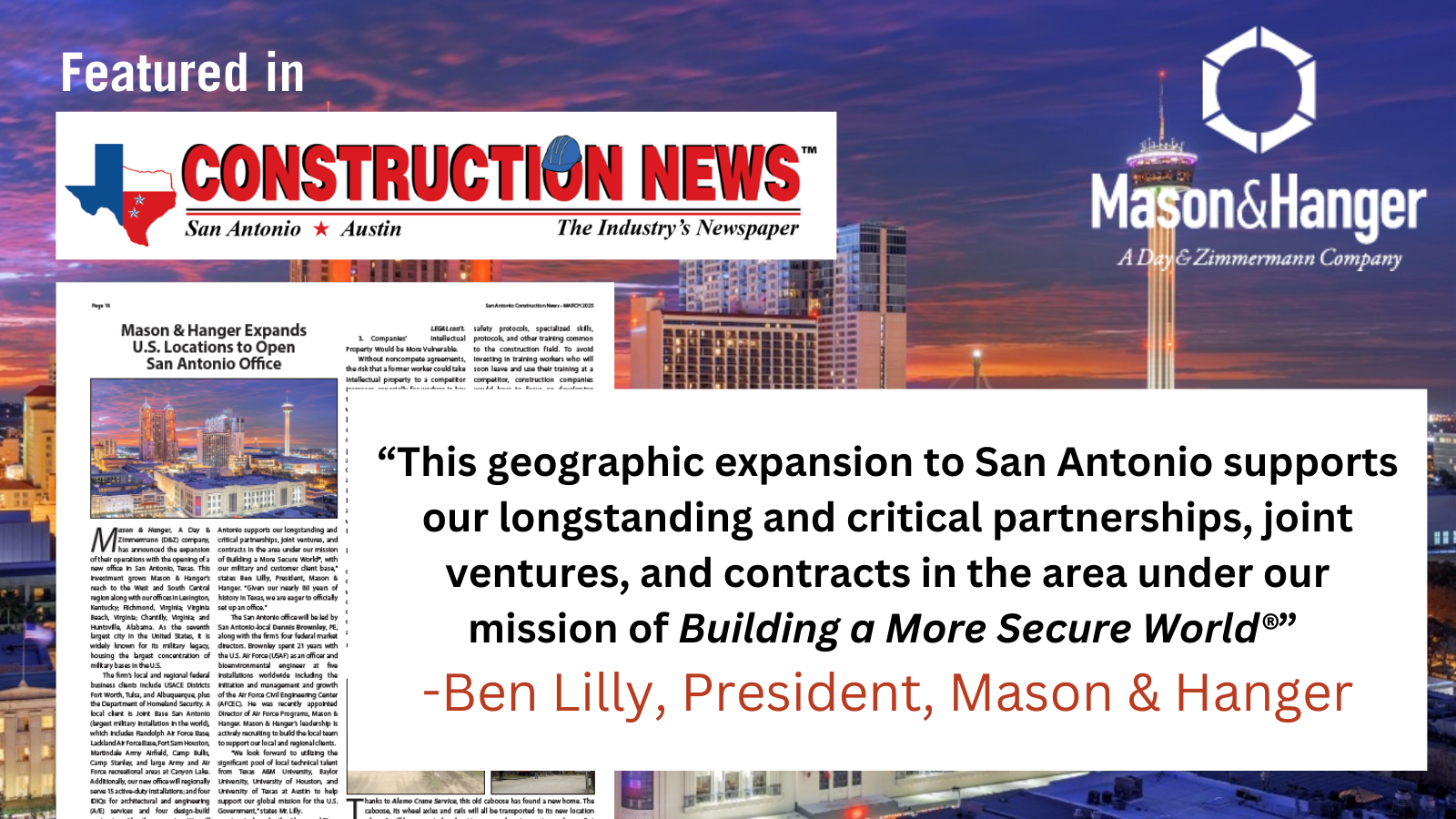 IN THE NEWS: Mason & Hanger Expands U.S. Locations to Open San Antonio Office